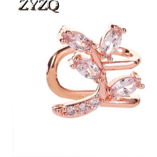 ZYZQ Exquisite Open Ear Clip Romantic Korean Style Women Leaf Shaped Accessories With Bright Cubic Zircon Stone Wholesale Lots