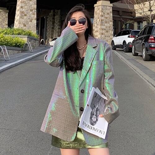 2021 New Fashion Women Shining Sequins Split Blazer women New Lapel Long Sleeve Loose Fit Jacket Fashion Tide Spring Autumn XZ81