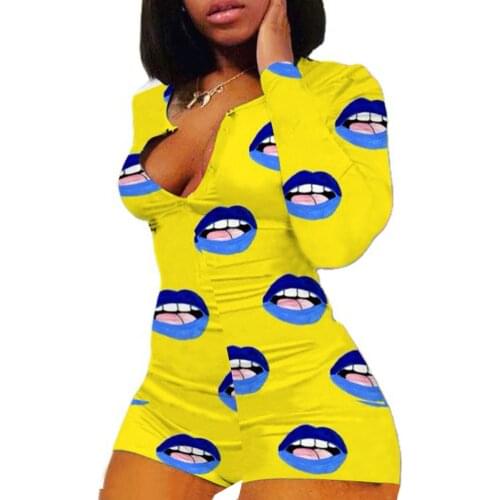 Lip Print Playsuit Women V Neck Long Sleeve Casual Pajamas Autumn Female Leotard Bodycon Jumpsuit Ladies Sexy Sleepwear Rompers
