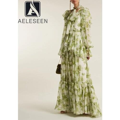 AELESEEN Runway Fashion Women Plus Size Dress 3XL Designer New Ruffles Green Flower Print Cascading Maxi Party Elegant Dresses