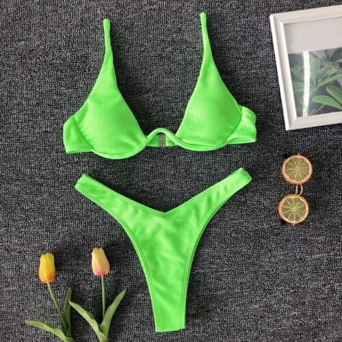 Women Sexy Brazilian Bikini Push Up Underwire Swimsuit Neon Ribbed Bathing Suit XX9D