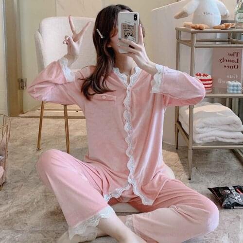 Velvet Pajamas Women Autumn Winter Sleepwear Long Sleeve Casual Nightwear Pyjamas Suit Loose Home Clothes Lace Trim Sleep Set