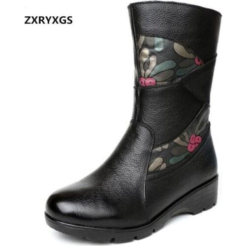 New Spell Color Printing Genuine Leather Shoes Boots Autumn Winter Boots Warm Snow Boots Non-slip Wedges In-tube Fashion Boots