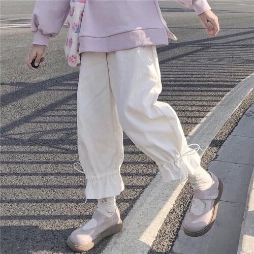Japanese Lolita Kawaii Women Soft Girls Loose Trousers Basic Casual Lace-up Wide Leg Pants Female Cute Preppy Sweet Pants