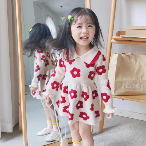 Flower Print Teenager Knitted Blouse Doll Collar Kids Girls Pullover Tops Swear Toddlers Knitting Shirt Blouses Children Clothes
