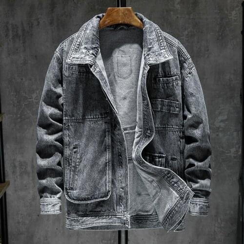 New Vintage Denim Jacket Men Japanese High Street Wear Cowboy Individuality Retro Grey Casual Male Cotton Jean Coats 2021
