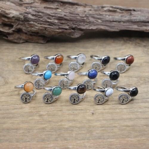 Round Gems Stone Tree of Life Open Rings Reiki Healing Crystal Agates Amethysts Lapis Adjustable Ring Women Jewelry,QC4056