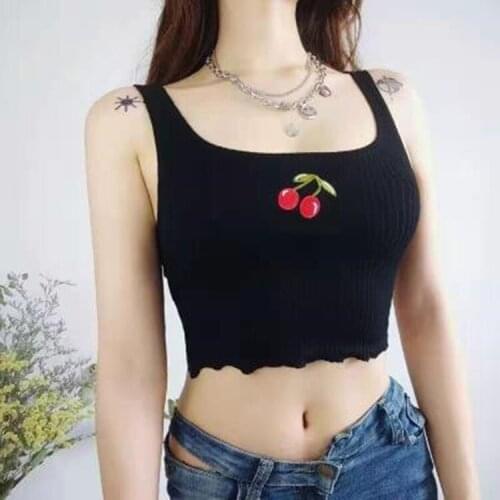 Summer Women Embroideried Cherry Slim Tank Crop Tops Girls Knit Camisole Sleeveless Thin Tee shirts Camis Top For Female
