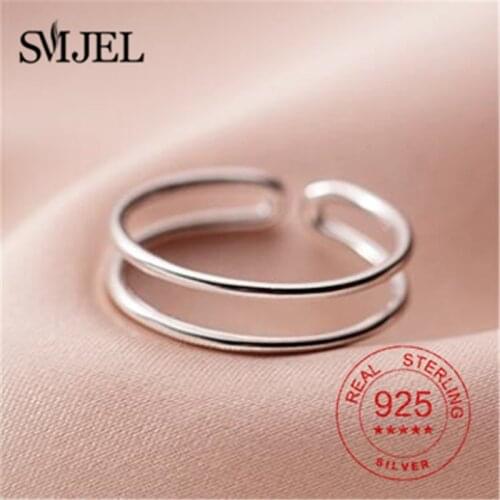 Real Sterling Silver Geometric Double Line Rings for Women Simple Round Rings Three Triangle Statement Ring Silver Jewelry Gifts