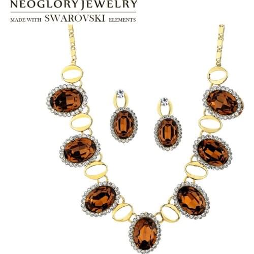 Neoglor Austria Crystal & Auden Rhinestone Jewelry Set Oval Shaped Party Jewelry Vintage Style Necklace & Earrings Coffee Color