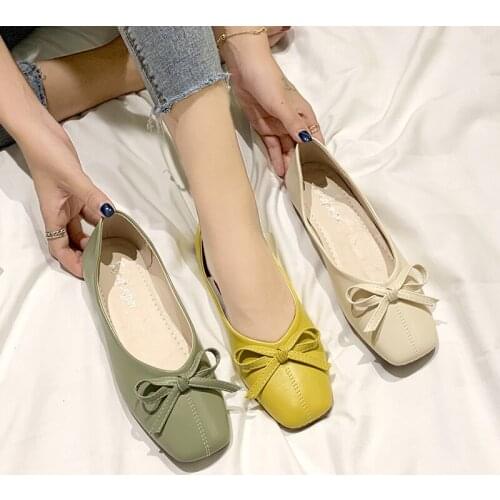 New Ladies Flat Shoes Spring 2020 Fashion Comfortable Light Bow Sweet Simple Soft Solid Color Square Head Slip-On W28-32