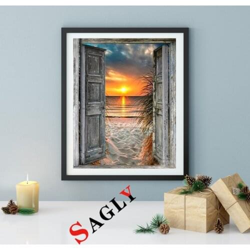 Full Square/Round Diamond 5D DIY Diamond Painting Door and Window Scenery Sea View Sunset Home Decoration Handicraft Gift Mosaic