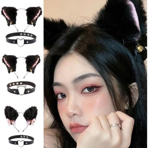 Cat Ears Headband Necklace with Bell Lovely Furry Kitten Headwear Collar Headpiece Accessories for Festival Cosplay