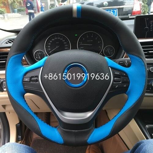 Hand sewing Black Suede Blue Leather Car Steering Wheel Cover for BMW F30 320i 328i 320d F20
