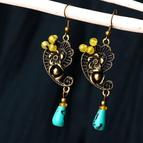New Original handmade nature stone dangle earrings blue ,New Ethnic earrings copper accessories jewelry vintage earrings