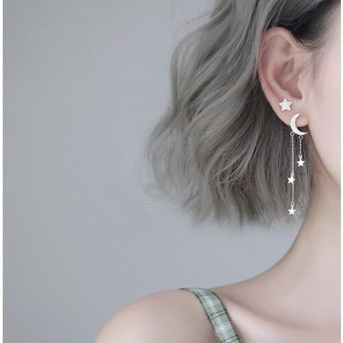 925 Sterling Silver Creative Moon Star Tassel Drop Earring for Women Fashion Party Accessories Asymmetry Jewelry Brincos Prata