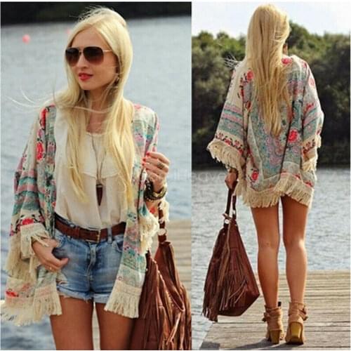 Floral Print Chiffon Women Cardigan Short Tassel Women Chiffon Cover Ups Shirt Casual Women Loose Jacket Lady Coat Capes Ponchos