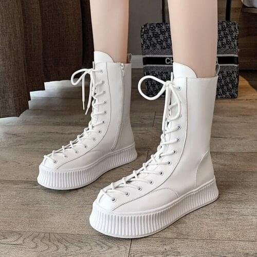 Gothic Lace Up White Leather Combat Ankle Boots Women 2021 Fashion Black Punk Long Knee High Boots Autumn Winter Shoes Women
