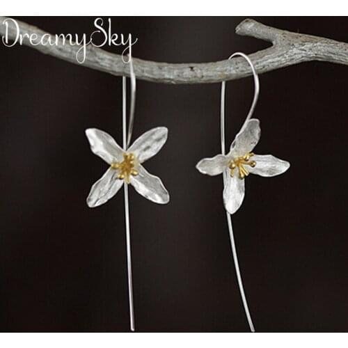 DreamySky Real Ethnic Handmade Silver Color Jewelry Long Clover Flower Earrings For Women Wedding Girls Statement Jewelry