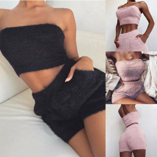 2020 New Women Sexy Ladies Fashion Wool 2 Piece Set Short Sleeve Crop Top+Mini Pant Clubwear