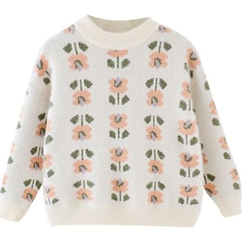 Girls winter warm sweater mink velvet sweater girls sweater cartoon flowers knitted round neck sweater cute thick girl clothes