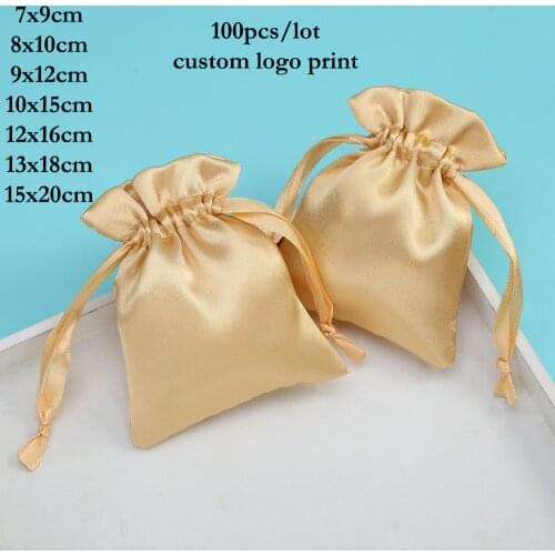 100pcs 7x9 8x10 9x12 10x15 12x16 13x18 15x20cm Satin Silk Pouches Custom Logo Small Bags Charmeuse Gold Pouch Jewelry Packaging
