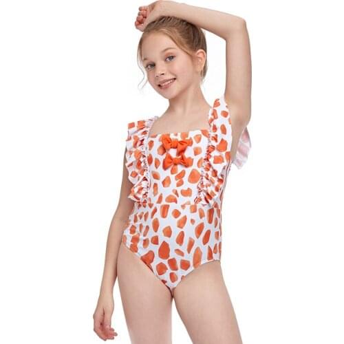 2021 Newest Arrival Kids Girls swim Dots Printed Swimsuit Square Neck Ruffle Fly Sleeve Bowknot Bodysuit Swimwear
