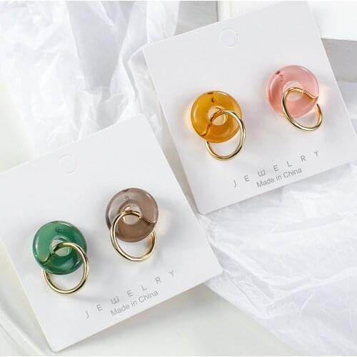 AMORCOME Korean Style Candy Color Acrylic Round Drop Earrings for Women Girl Cute Resin Hollow Circle Metal Earrings Jewelry