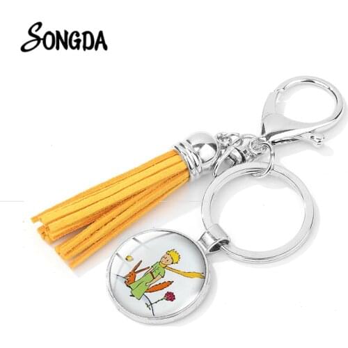 2019 Little Prince Anime Keychain Silver Plated Glass Cabochon Pendant Colorful Tassel Key Ring Lovely Fox Charm Trinkets