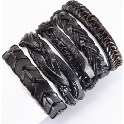 LUOBOTOU New 5 Pcs/set Black Brown Genuine Leather Men Bracelets Women Bangles Femme Homme Gift Jewellery Freely Shipping
