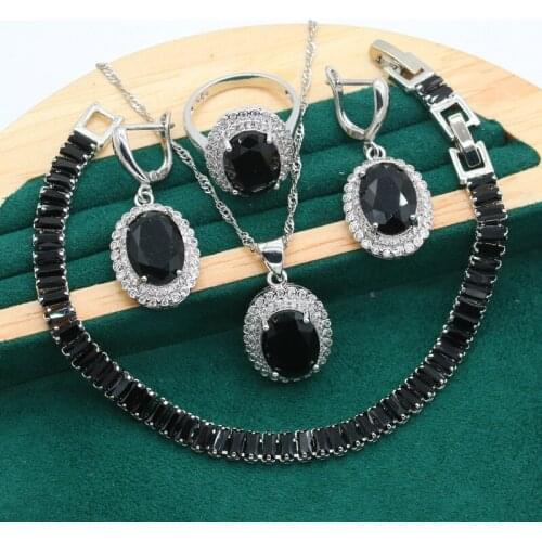 Black Zirconia 925 Silver Wedding Jewelry Set for Women Bracelet Earrings Necklace Pendant Ring Gift