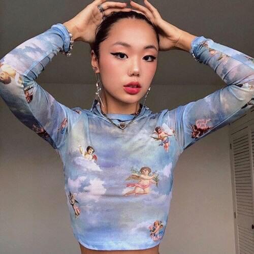 Hirigin Fashion Women See-through Sheer Mesh Fishnet T-Shirt Crop Top Cute Angel Printed Female Summer Mesh Tops