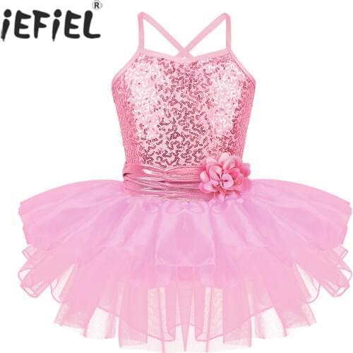 IEFiEL Kids Girls Flower Strap Athletic Parties Costumes Dancewear Ballerina Training Ballet Dance Gymnastics Leotard Tutu Dress