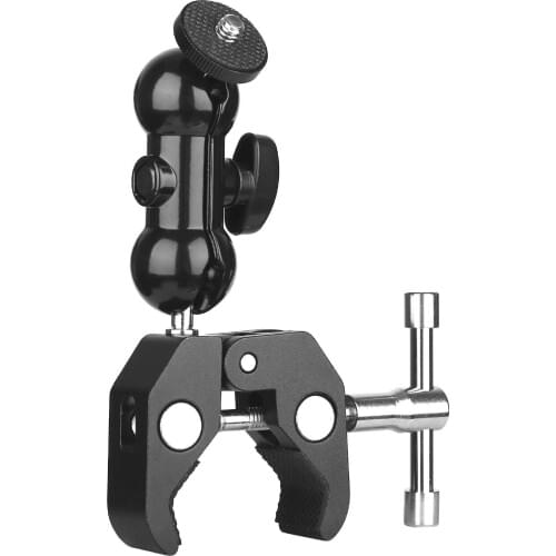 Camera Mount Clamp Ball Head Cool Super Clamp with 1/4''-20 Tripod Thread Double Ball Head Adapter for Video Monitor LED Light