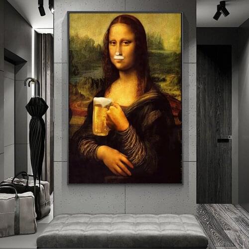 Mona Lisa Drinking Beer Funny Canvas Art Posters and Prints Abstract Famous Paintings on the Wall Decor Pictures For Living Room