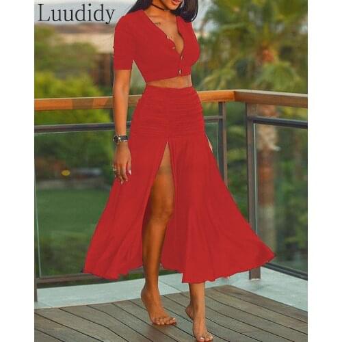 2021 Women Casual V Neck Short Sleeve Plain Button Design Solid Sexy Crop Top & High Slit Ruched Skirt Sets Summer Two Pieces