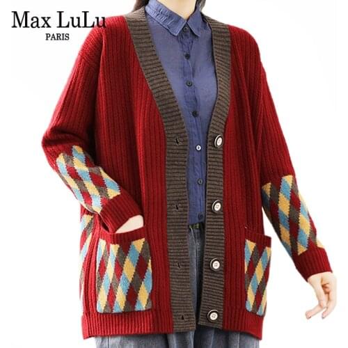 Max LuLu Japan Fashion New 2021 Autumn Ladies Red V-Neck Cardigans Women Buttons Vintage Loose Sweaters Casual Cotton Clothing