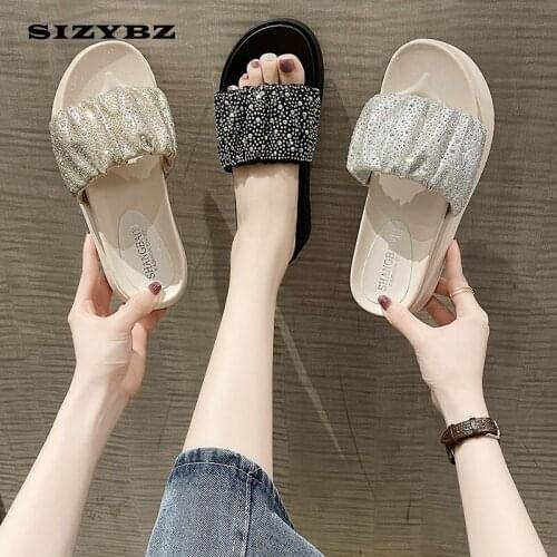 New Rhinestone Slippers Women Outer Wear In The Summer Shoes Woman Thick Bottom Non-slip Word Open Toe Slipper Wedges Slides