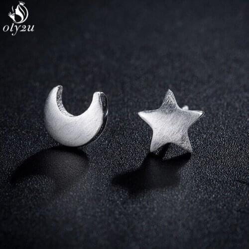 Oly2u Romantic Asymmetry Star Moon Stud Earrings for Women Girls Everyday Jewelry Teen Mothersday Celestial Birthday Gift