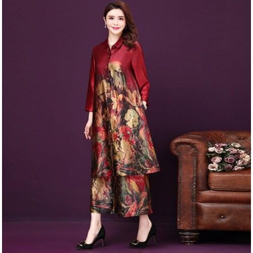 Two Pieces 2021 Middle Aged Mother Silk Dress Set Fashionable Plus Size Loose Streetwear Print Ladies Dresses