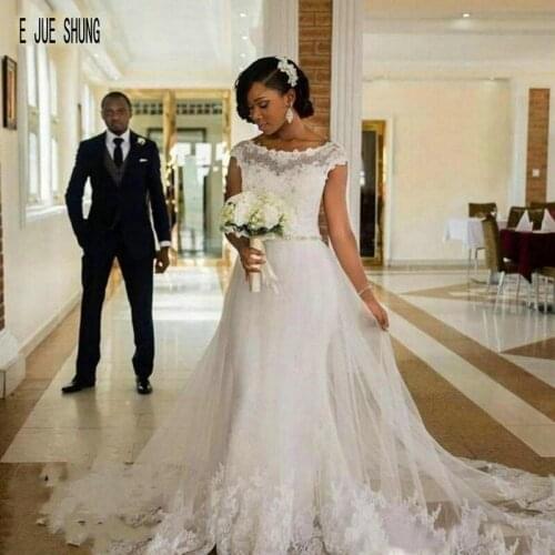 E JUE SHUNG Modest African Tulle Wedding Dresses Scoop Neck Cap Sleeves Beaded Sash Detachable Train Mermaid Vestido de noiva