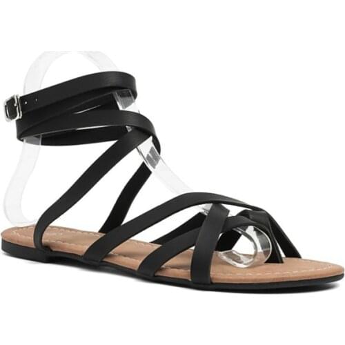 New Black Brown Open Toe Plus Size 47Cross-ties Ankle Strap Flats Summer Sandals Women Shoes