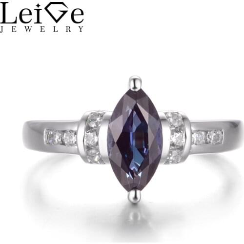 LeiGe Jewelry Alexandrite Engagement Rings June Birthstone Marquise Cut Rings Color Changing Gemstone 925 Sterling Silver Gifts