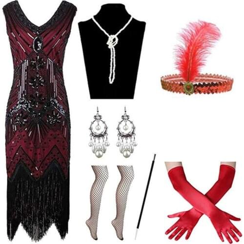 Vintage 20s Gatsby Sequin Fringed Paisley Flapper Dance Dress with Jewelry Accessories Set Sequin Beaded Tassels Dress