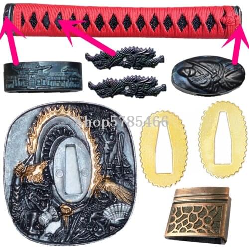 A Set Japanese Samurai Sword Katana/Wakizashi/Tanto DIY Fittings Tsuba+Menuki+Fuchi+Kashira+Handle+Habaki+Seppa