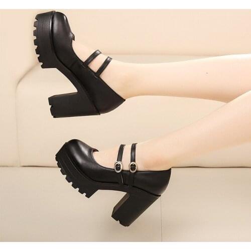 2019 spring new round head thick sole shoes waterproof platform black thick with womens shoes buckle with ultra high heels tide