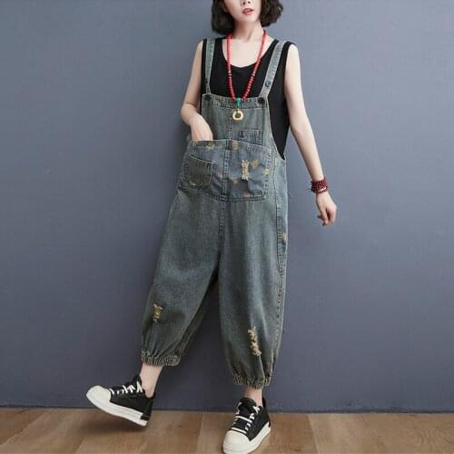 QPFJQD Denim Ladies Cotton Print Floral Rompers Pocket Button Long Pants 2021 Summer Autumn Women Loose Braces Trousers