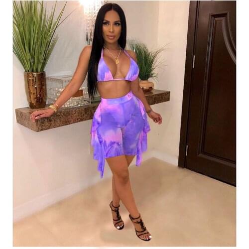 2021 Bikinis Sets Women Print Mesh See-through Bandage Halter Tops Mid Waists Shorts Female Fashion Sexy Swimsuits Beachwear