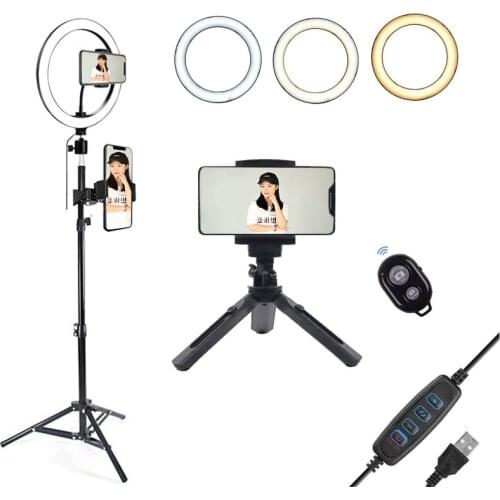26cm/10" Selfie Ring Light with Stand and Mini Desktop Tripod + Bluetooth Remote Control For Phone Photography Fill Light