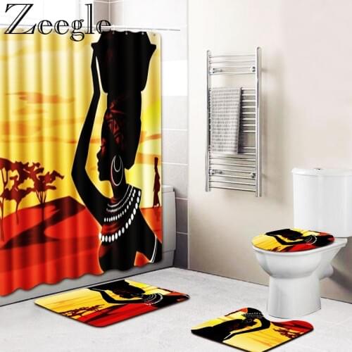 4 Pcs/Set African American Women Shower Curtain Bath Mat Set Toilet Cover Bathroom Carpet Mat Set Bathroom Toilet Rugs